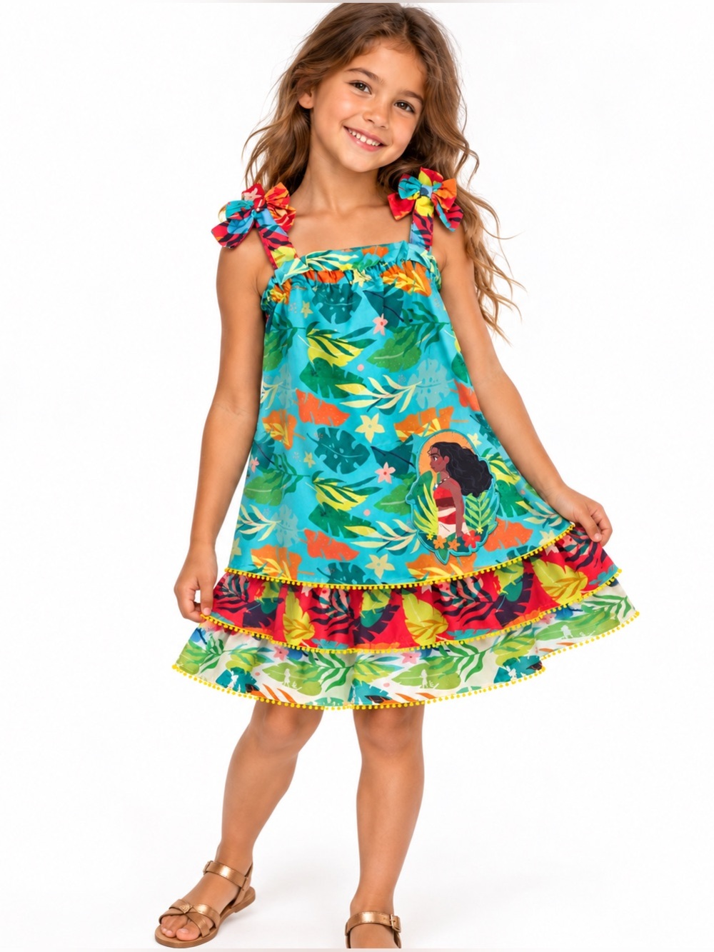 Disney Moana Girls 7/8 Tropical Organic Cotton Ruffle Sundress Bow Straps